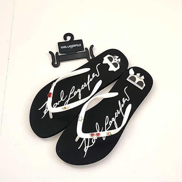 Karl Lagerfeld Paris Women's Black/White Thong Flip Flops with Charms Size 10 - Picture 1 of 8